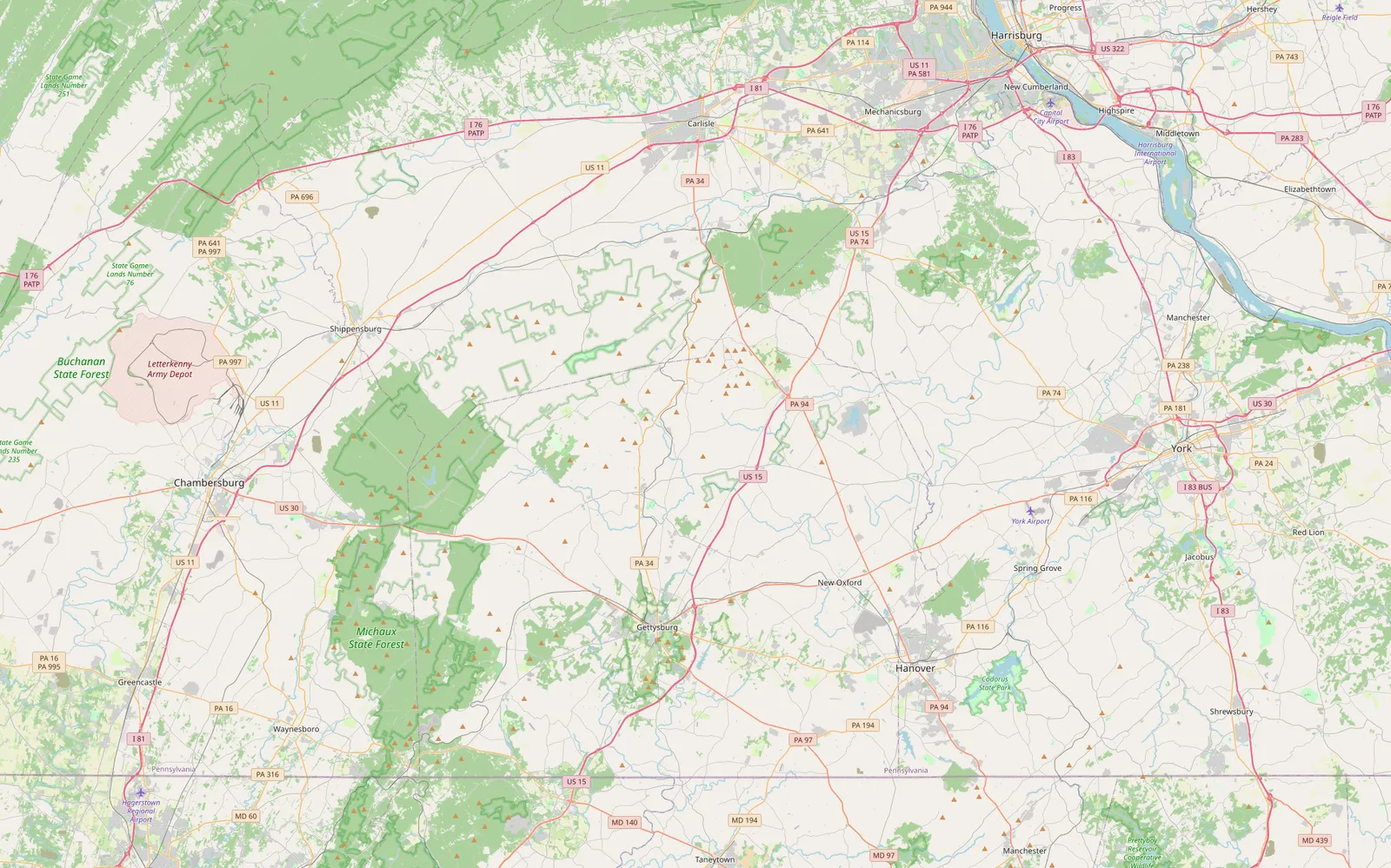 Map of the Gettysburg, PA service area